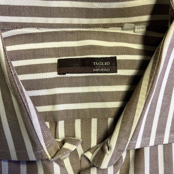 Tiglio Shirt Men  Beige Rustic Strip Cotton Dress Button Up Made in Italy 34/35 - Picture 8 of 14